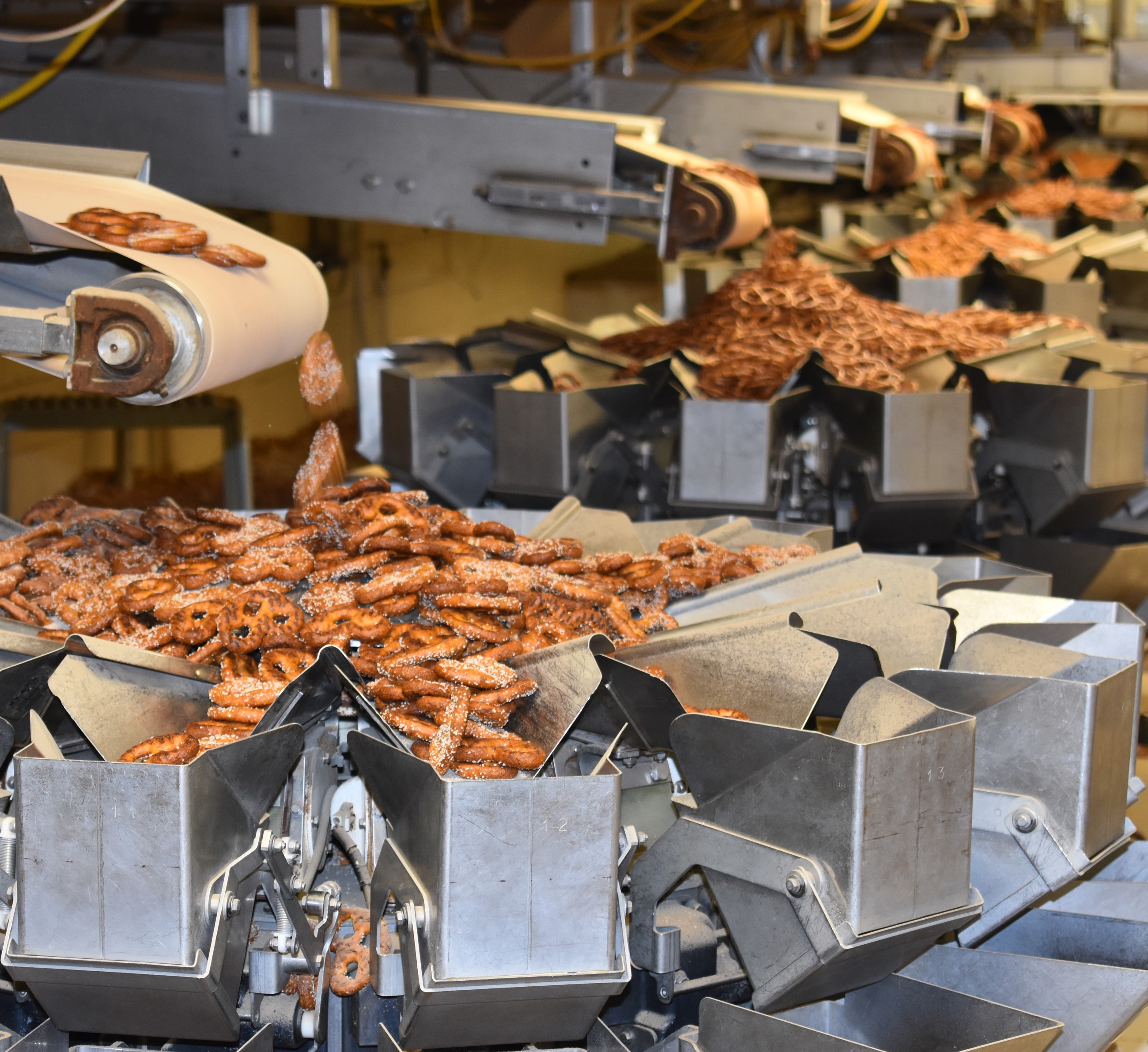 Herr's pretzels moving through the packing scales